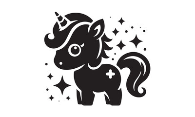 Cute unicorn with rainbow hair. Vector cartoon, Magic unicorn poster, greeting card. Black silhouette of a unicorn on a white background.