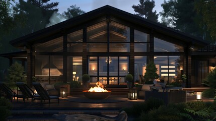 Obraz premium Stylish front design of a contemporary chalet with dark wooden walls, large glass panels, and a cozy porch with a fire pit and outdoor seating.