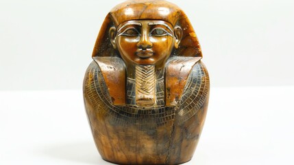 Ancient Egyptian artifact, detailed wooden sculpture of a historical figure, beautifully crafted with intricate carvings and polished finish.