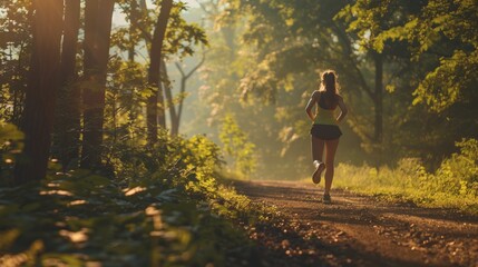 Trail running concept. Woman running on nature trails, representing endurance and companionship, active lifestyles.