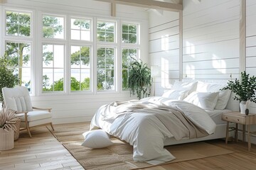 modern farmhouse bedroom interior rustic hardwood floors clean white walls minimalist decor large windows with natural light cozy yet sophisticated atmosphere