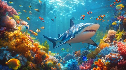 Fototapeta premium Vibrant underwater scene with colorful tropical fish and a majestic shark, perfect for marine life enthusiasts. , Minimalism,