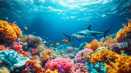Fototapeta premium Vibrant underwater scene with colorful tropical fish and a majestic shark, perfect for marine life enthusiasts. , Minimalism,