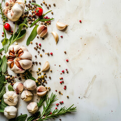 Fresh Herbs and Garlic with Mixed Peppercorns on Textured Background   Vibrant Culinary Ingredients
