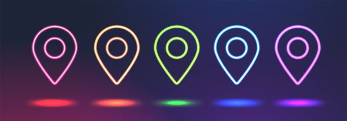 Set of bright neon marker location of different direction. Glowing linear map pins. Vector icon Illustration © Aroma_Art