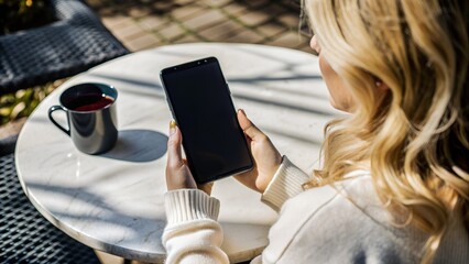 A person holding a phone in their hands, viewed from behind