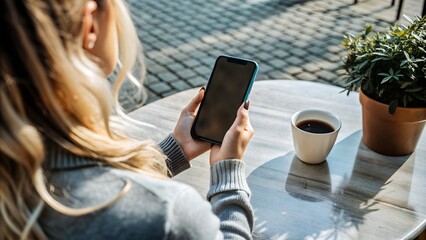 A person holding a phone in their hands, viewed from behind