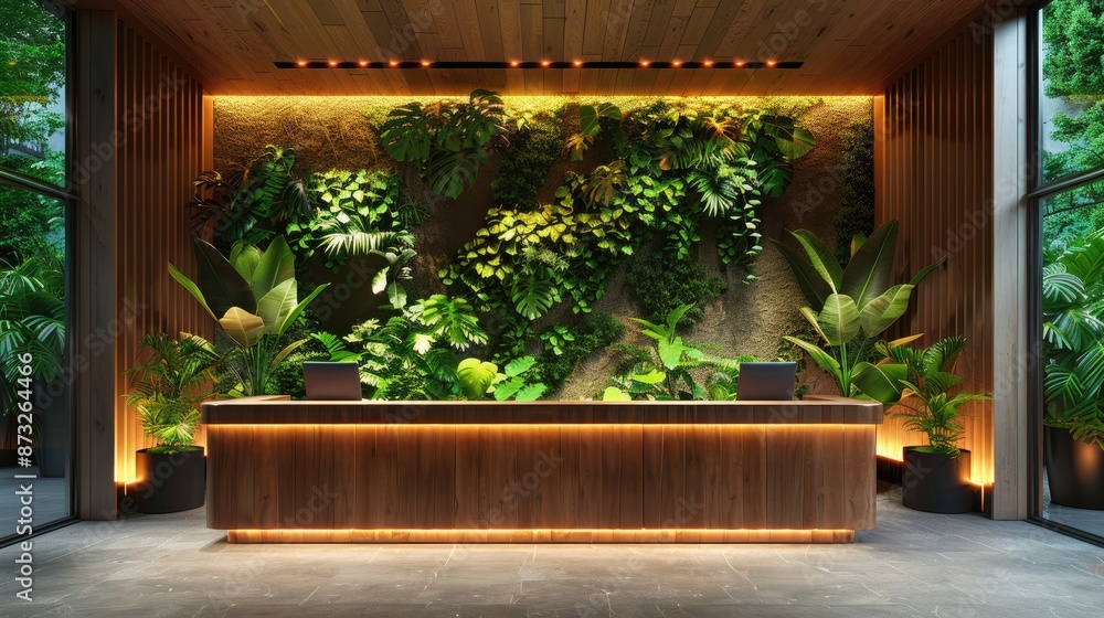 Poster reception area with a forest-inspired design and backlit foliage features.