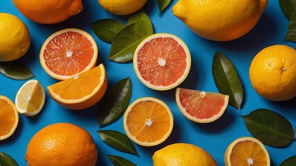 Summer theme background wallpaper, cuts of fresh oranges, lemons and grapefruits, citrus summertime holidays