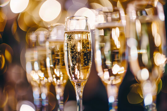 Close Up of Bubbly Champagne Glasses Against Bokeh Background at a Celebration Event