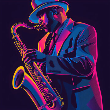 Jazz musician icon in magenta and blue color theme, funk art style.