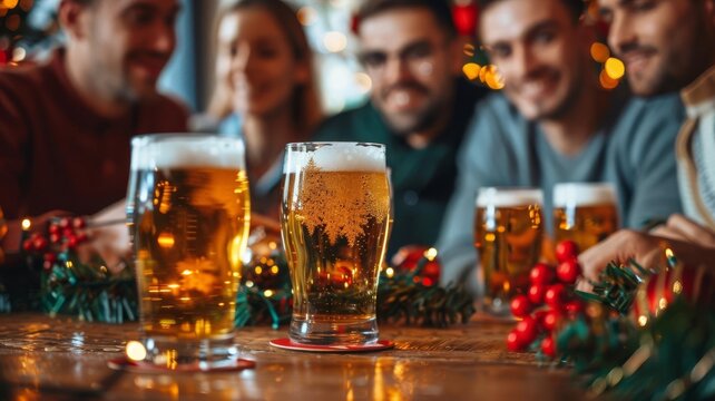 Group of friends enjoying beer and Christmas lights at a bar.