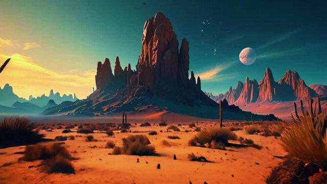 A barren desert landscape on an alien planet with surreal rock formations, glowing crystals, and strange, tentacled flora moving gently in an alien breeze, 4K Ultra HD resolution animation