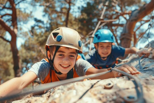 Two young boys enjoy a challenging ropes course in the trees at a summer camp.