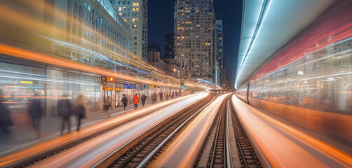 Fototapeta premium Long exposure of a commuter route with public transportation in a large city for inner-city transport of passengers at night