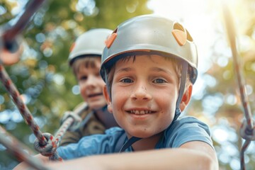 Smiling boy and friend on ropes course in forest canopy
