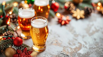Three glasses of beer with Christmas decorations and lights. Festive drinks for holiday celebrations.