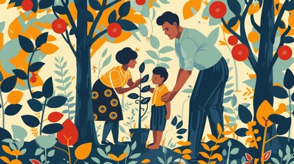 Painting of man and a woman are tending to a plant with a child. Concept of family bonding and nurturing