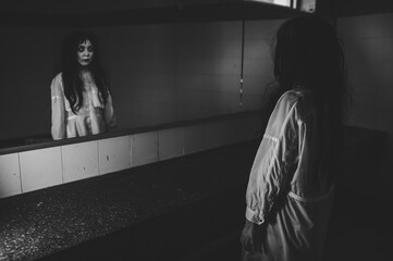 Portrait of asian woman make up ghost,Scary horror scene for background,Halloween festival...