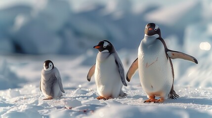 Obraz premium Cute penguin family waddling on an icy landscape, appealing to winter-themed projects. , Minimalism,