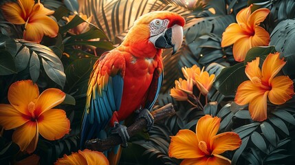 Fototapeta premium Illustration of a colorful parrot amidst tropical flowers, capturing the exotic beauty of nature. , Minimalism,