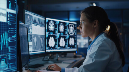 Side view doctor women using computer with AI artificial intelligence in modern medical technology and IOT automation.