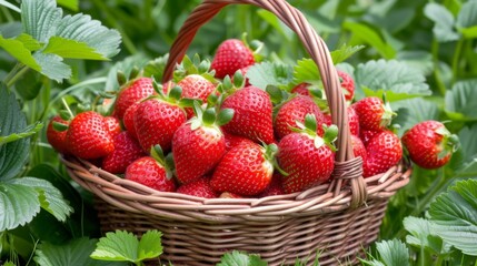 A charming basket filled with plump, ripe strawberries, their vibrant red color contrasting beautifully with the green leaves