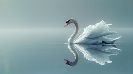 Gentle illustration of a graceful swan gliding on a tranquil lake, suitable for relaxation themes. , Minimalism,