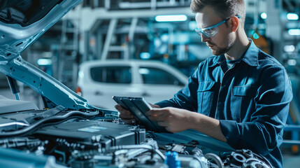 The engineer is testing the performance of engine components.