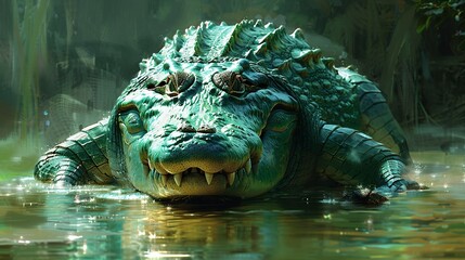 Detailed depiction of a fierce crocodile lurking in murky waters, ideal for adventure illustrations. , Minimalism,