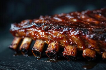mouthwatering bbq ribs with caramelized glaze rich smoky texture against dark background macro food photography highlighting juicy details and grill marks