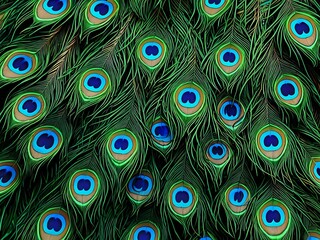 Obraz premium A close-up of peacock feathers with vibrant green, blue, and brown colors.