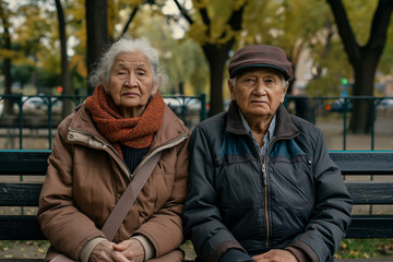 Fototapeta premium Elderly Couple Sitting on Park Bench in Autumn Attire, City Outdoor Setting, Senior Companionship