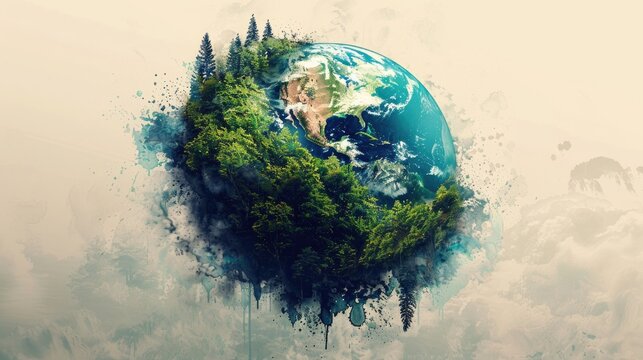 Planet with trees and clouds on it. The planet is surrounded by a forest and has a blue sky