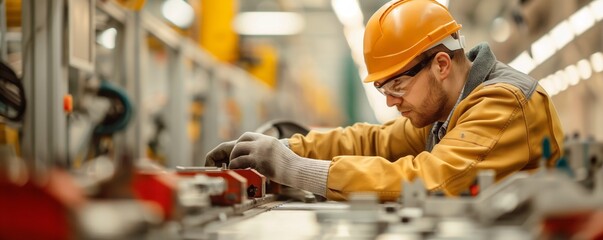 An industrial worker wearing a hard hat and gloves adjusts complex machinery in a manufacturing environment, emphasizing the skill and attention to detail required for machinery maintenance.
