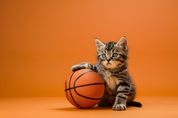 Cute funny cat with basketball on color background.
