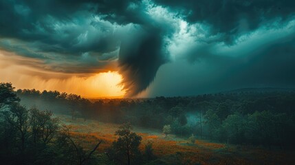 Fototapeta premium Stormy sky with a bright orange sun in the background. The sky is filled with dark clouds and the sun is barely visible
