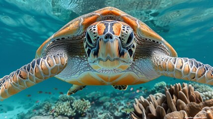 Fototapeta premium Detailed drawing of a wise old turtle swimming gracefully in a coral reef, perfect for marine conservation. , Minimalism,