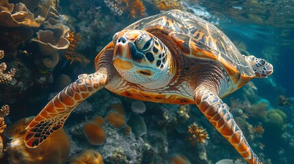 Fototapeta premium Detailed drawing of a wise old turtle swimming gracefully in a coral reef, perfect for marine conservation. , Minimalism,