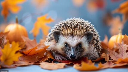 Adorable hedgehog curled up in autumn leaves, capturing the charm of woodland creatures. , Minimalism,