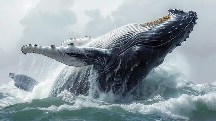 Fototapeta premium Artistic illustration of a majestic humpback whale breaching the surface, great for environmental campaigns. , Minimalism,