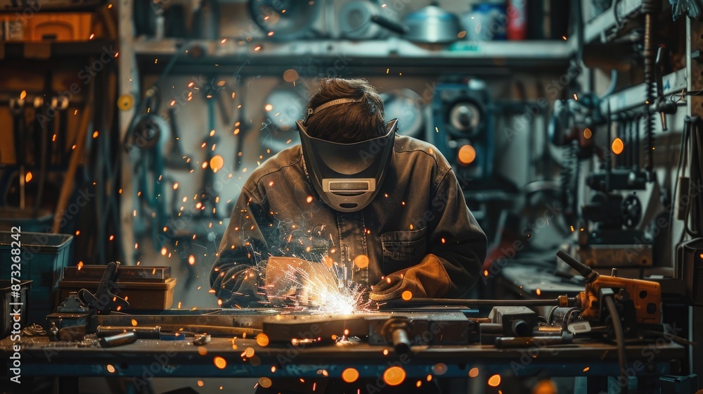 Poster welder in a small workshop, focusing on intricate metalwork for custom pieces, with various tools an