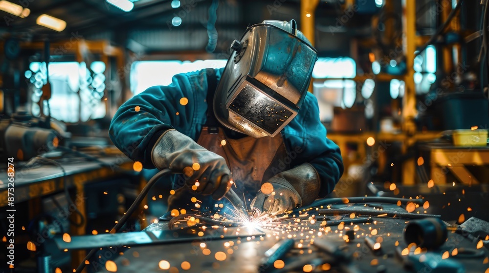 Poster welder in a small workshop, focusing on intricate metalwork for custom pieces, with various tools an