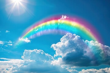 Amazing colorful rainbow in cloudy blue sky