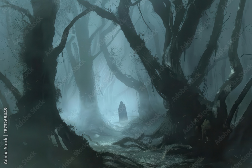 Poster mysterious dark forest with fog twisted trees and a lone figure in the distance atmospheric digital 