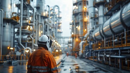 Fototapeta premium Welder in an orange jacket is standing in front of a large industrial plant. The scene is industrial and the man is wearing a hard hat