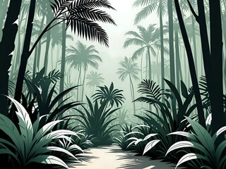 A misty jungle scene with palm trees and lush vegetation.