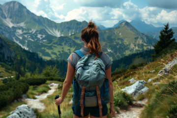 Naklejka premium Young woman with backpack hiking in mountains, 