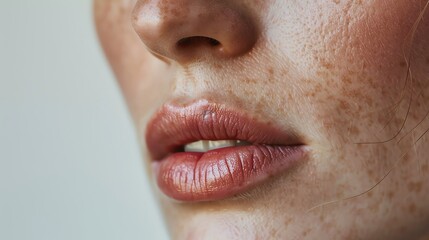 Fototapeta premium Close-up of a woman's lips and freckles, showcasing natural beauty and skin texture with soft lighting.