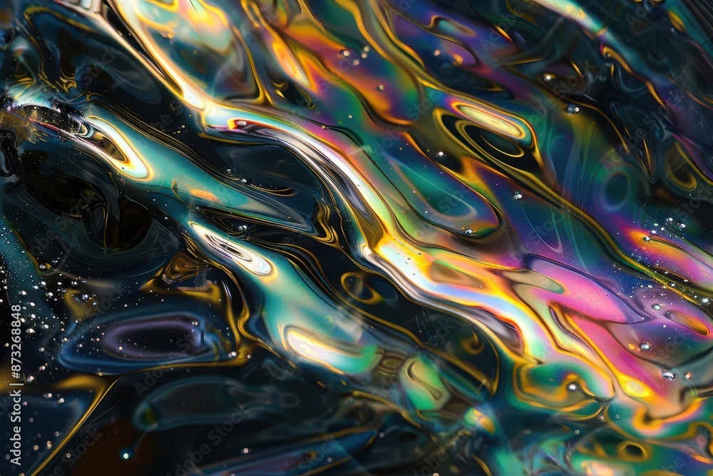 Poster mysterious oillike substance forming intricate wave patterns shimmering with iridescent hues against